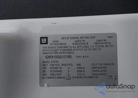 2008 Chevrolet Tahoe Ltz из США, поврежденный, VIN 1GNFK13038J121995